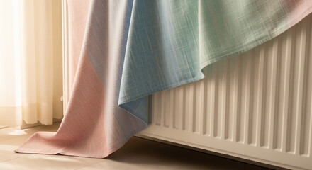 Soft pastel blanket draped over a warm white radiator by a window.
A cozy textile, possibly a blanket or throw, featuring gentle pastel gradient colors of pink, blue, and green, is draped over
