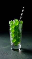 Obraz premium Tall glass filled with green, apple-shaped gelatin candies, black-white striped straw, on dark green surface, symbolizes refreshment, treat, sweets, dessert
