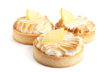 Tasty lemon tartlets on white background