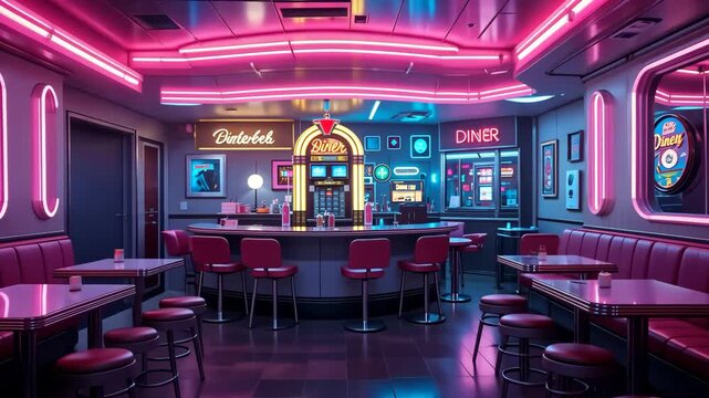 Retro neon diner interior with jukebox and pink lights. Concept of nostalgia and 80s aesthetics