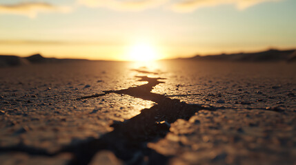 Cracked earth under a fading sun, a stark reminder of nature's resilience and vulnerability.  The cracked earth symbolizes drought and a harsh, arid landscape.