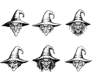 Six scary and ugly witch faces with pointed hats for halloween and spooky designs