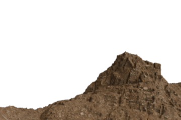 A rough, brown, rocky mountain range rises against a stark black sky. The eroded surface details texture & suggests ancient formations. The isolated landscape conveys solitude