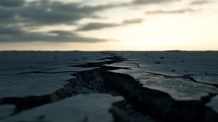 Obraz premium Cracked Earth Landscape. Wide, ground-level shot of a dry, cracked landscape beneath a cloudy sky. Emphasizes texture and scale.