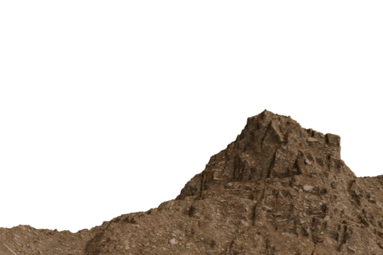 A rough, brown, rocky mountain range rises against a stark black sky. The eroded surface details texture & suggests ancient formations. The isolated landscape conveys solitude