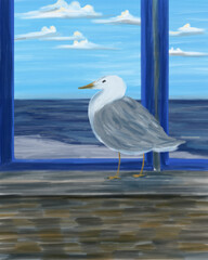 a seagull looking at the ocean while standing inside the room near the window illustration. A hand painted digital art scenery.