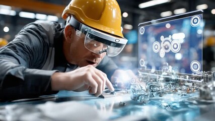 Augmented Reality at Work: A skilled engineer, donned in a yellow hard hat and augmented reality glasses, meticulously examines machinery with the aid of a digital interface. - Powered by Adobe