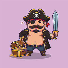 Cute Cartoon Pirate with Gold Treasure Chest and Sword . Vector Illustration of Whimsical Adventure Character