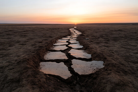 Parched earth reflects the sky in cracks. A path of cracked mud glistens as the sun dips below the horizon, painting the sky with orange and pink hues.