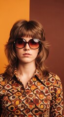 Obraz premium Stylish young woman in vintage seventies fashion, wearing a groovy patterned shirt and sunglasses on a graphic color block background