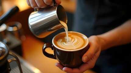 Closeup of barista pouring milk into coffee for latte art in a cafe