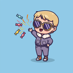 Cute Cartoon Kid Tossing Colorful Candies in Purple Tracksuit. Vector Illustration of Whimsical Sweet Style Character