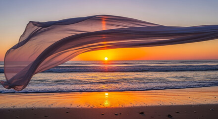 Flowing Cloth Sunset Beach Ocean Horizon Golden Hour