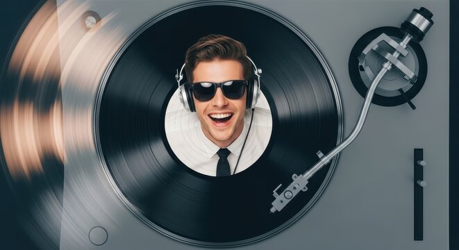 Excited man in sunglasses and headphones happily playing vinyl record on turntable with motion blur