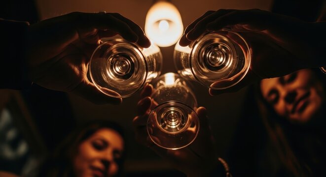 An intimate bottom-up perspective of friends toasting, their faces softly illuminated by the warm, ethereal glow from above