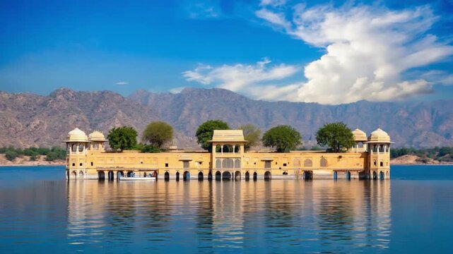 jaipur jal mahal water palace at day indian landscape  zoom out video