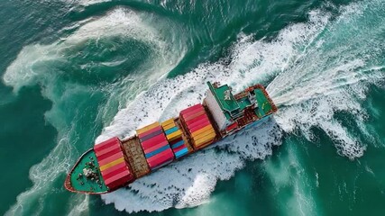 Navigating the High Seas: An overhead perspective captures the grandeur of a container ship slicing through the waves, a testament to maritime logistics and global trade.