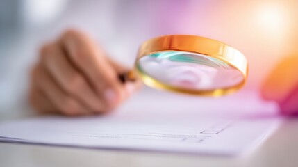 A person examines a document closely using a magnifying glass in a well-lit office environment, focusing on specific details.