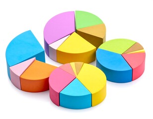 A cluster of five colorful pie charts, each divided into multiple segments. The shapes rest on a white surface, providing contrast