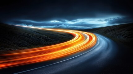 Winding road with light trails under a stormy sky
