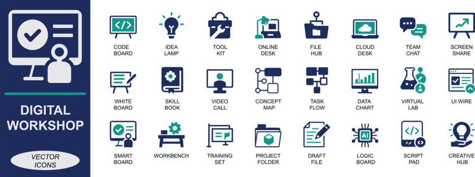 Vector solid digital workshop icon set with code, design, team, project, file, task, and data symbols. Perfect for apps, e-learning, business, remote work, and training.
