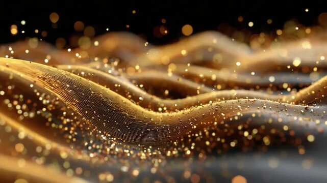 Golden Waves of Light: Abstract golden waves illuminated with shimmering particles cascade across the frame, creating a mesmerizing effect of luxury and opulence.