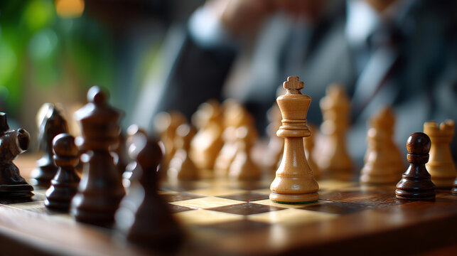 Chess players competing in quiet room, intense focus and strategy, intellect and patience, classic board game, competition and concentration, mental challenge, logic and discipline