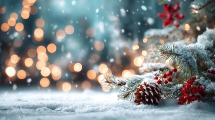 Festive christmas holiday background with snow-covered fir tree, colorful baubles, and twinkling lights creating a warm winter atmosphere for seasonal greeting cards, holiday invitations, and decorati
