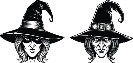 Two hand drawn witch portraits with pointed hats and eerie faces for halloween and fantasy art