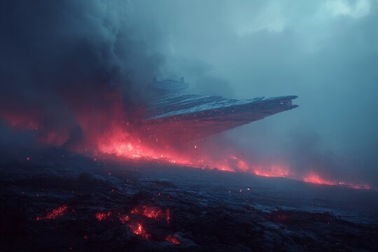 A dramatic scene of a Star Destroyer ship crashing on a volcanic planet with bright red lava flows, against a dark and cloudy sky, science fiction concept.