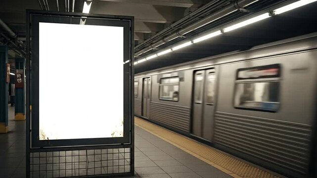 Subway station blank billboard awaits ads, train passes in background