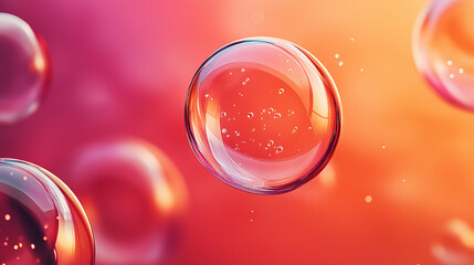 Ethereal soap bubbles suspended in air with glossy reflective surfaces over dreamy vibrant gradient backdrop transitioning from magenta to coral tones creating magical atmosphere