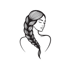 Beautiful female face with long hair braids design isolated on white background
