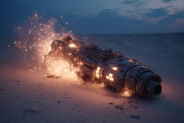 A crashed spaceship lies stranded in a desolate desert landscape under a twilight sky, sparks and light effects emanating from the damaged hull, creating an eerie scene.