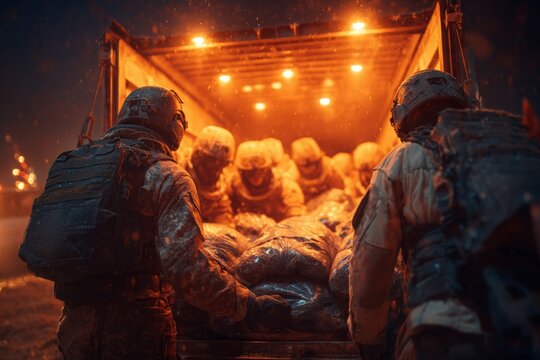 A solemn scene depicts soldiers in the back of a truck amidst dim, atmospheric lighting, evoking a sense of duty and solidarity during an unseen operation.