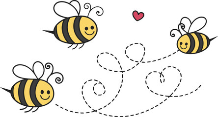 Obraz premium Set of cartoon bees flying with dashed line trails. A small bees flying on a dotted route. Wasp collection. Vector characters. Incest icon. Template design for invitation, cards. Doodle style