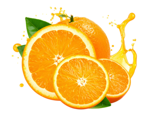 Fresh orange juice logo design with vibrant citrus fruit illustration for healthy beverage branding, isolated on transparent background, PNG