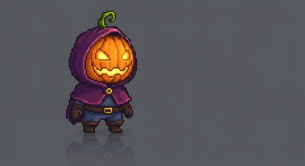 Pixel art of a miniature character with a pumpkin head and a dark hood/cloak. The design has an 8-bit or 16-bit game style, with a gray background and a slight reflection below the character.