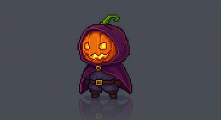 Pixel art of a miniature character with a pumpkin head and a dark hood/cloak. The design has an 8-bit or 16-bit game style, with a gray background and a slight reflection below the character.