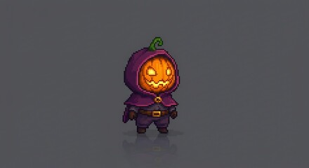 Pixel art of a miniature character with a pumpkin head and a dark hood/cloak. The design has an 8-bit or 16-bit game style, with a gray background and a slight reflection below the character.