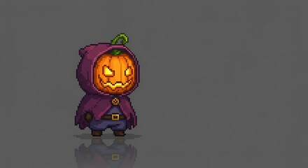 Pixel art of a miniature character with a pumpkin head and a dark hood/cloak. The design has an 8-bit or 16-bit game style, with a gray background and a slight reflection below the character.