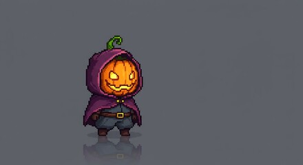 Pixel art of a miniature character with a pumpkin head and a dark hood/cloak. The design has an 8-bit or 16-bit game style, with a gray background and a slight reflection below the character.