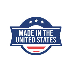 Made in the United States badge with stars and flag. American made label United States patriotic emblem. USA manufacturing badge design with stars and stripes.