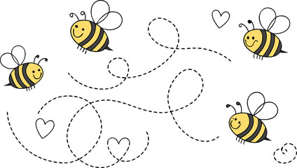 Set of cartoon  bees flying with dashed line trails. A small bees flying on a dotted route. Wasp collection. Vector characters. Incest icon. Template design for invitation, cards. Doodle style © fashanbd