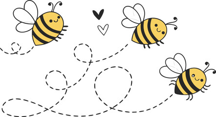 Set of cartoon  bees flying with dashed line trails. A small bees flying on a dotted route. Wasp collection. Vector characters. Incest icon. Template design for invitation, cards. Doodle style