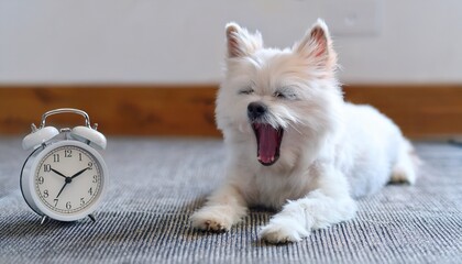 cute white small dog lying on the floor and yawning alarm clock with 9 am besides wake up and morning concept pets indoors