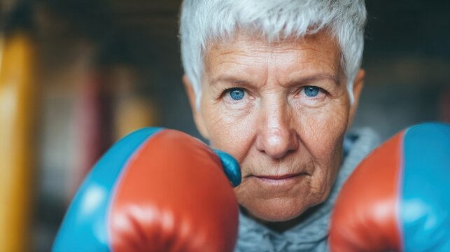 A confident older woman stands ready in a gym, wearing bright boxing gloves, focused on her training ahead. - Powered by Adobe