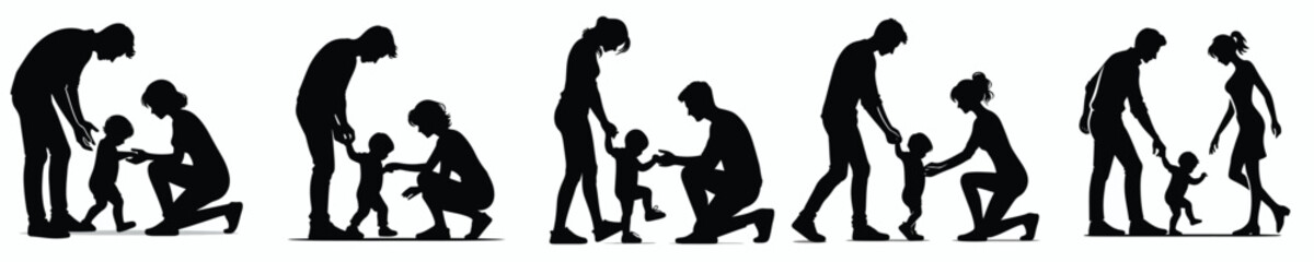 vector silhouette of parents teaching their child to walk