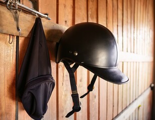 black equestrian riding helmet and a cloth cap hanging in stable
