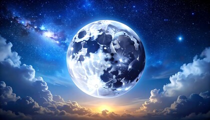 A luminous full celestial body floats above a dreamy cloudscape bathed in starlight. The scene has a gradient of colors